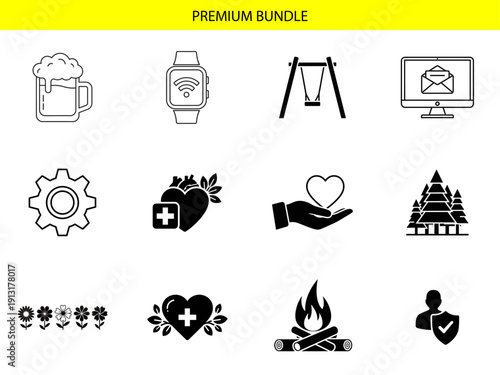 A set of black outline icons depicts various elements including beverages, wearable technology, outdoor recreation, and digital communication tools.