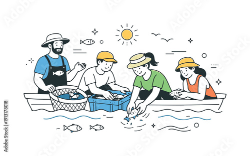 Sustainable fishing tourism and artisanal fishery tours. A friendly scene of visitors helping sort the catch and release fish under local