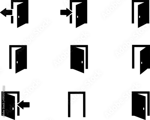 Door entrance and exit icons with directional arrows in solid black silhouette