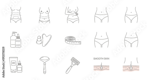 Body Care and Hair Removal Line Icons Set - Smooth Skin Treatment, Waxing, Razor, Lotion, Cosmetic Products, Female Beauty and Skincare Outline Vector Collection