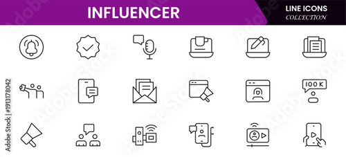 Influencer and blogging line icons collection. Big UI icon set in a flat design. Thin outline icons pack. Vector illustration