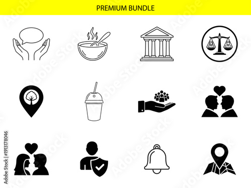 This graphic resource displays twelve distinct black outline icons covering themes such as care, dining, governance, relationships, and security.