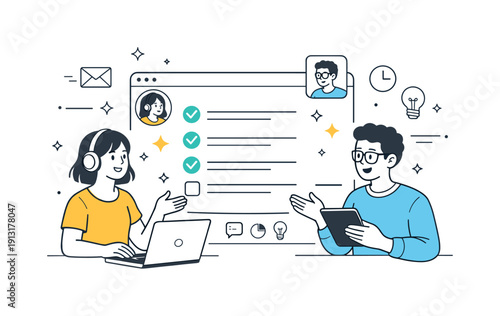 Productive digital collaboration. A calm scene of teammates reviewing progress together in an online workspace, completed tasks highlighted