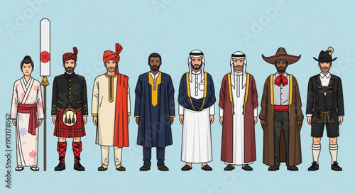 Diverse group of men and woman in traditional cultural clothing from around the world standing in a line on blue background
