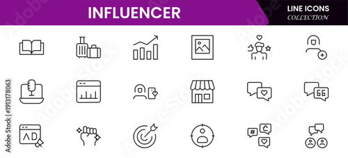 Influencer and blogging line icons collection. Big UI icon set in a flat design. Thin outline icons pack. Vector illustration
