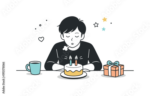 Quiet birthday celebration. Person sitting alone with a small cake, softly blowing out candles in a reflective moment. Intimate, peaceful