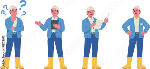 Flat vector illustration of construction engineer character set showing different poses and expressions isolated on white background