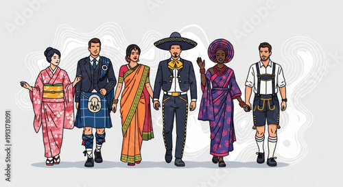 Diverse group of people wearing traditional cultural clothing from around the world standing together in unity and celebration of global heritage and fashion