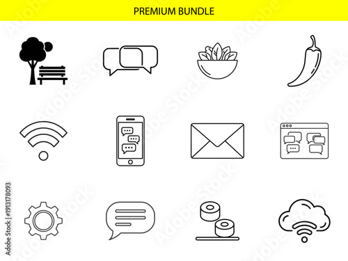Twelve simple black and white vector icons display outdoor recreation, digital messaging interfaces, food items, and network connectivity options.