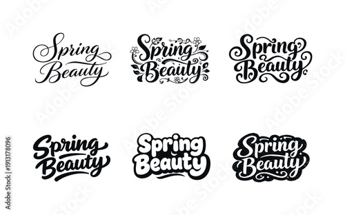 Spring beauty. Set lettering. harmonious lettering variations of the same emblematic concept, each with different artistic interpretation