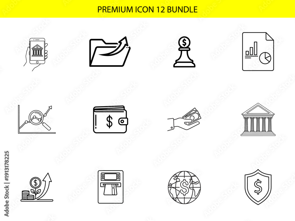 Fototapeta premium This group of twelve finance and banking line icons illustrates digital money access, documentation, assets, and security measures.