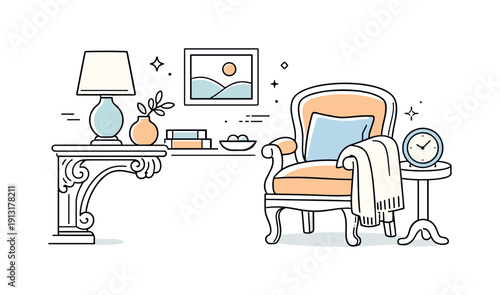 Classic interior details. Close-up style scene with carved wooden furniture, fabric textures, and simple ornaments. Quiet elegance and