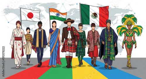Diverse people in traditional clothing from japan india scotland mexico and brazil standing on a rainbow colored pathway with national flags symbolizing global cultural unity