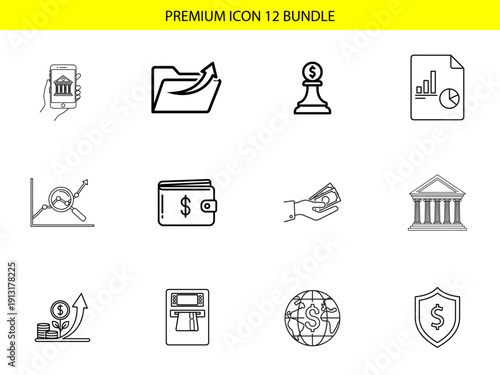 This group of twelve finance and banking line icons illustrates digital money access, documentation, assets, and security measures.