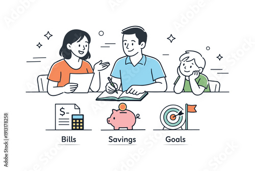 Family budget planning. Parents discussing monthly costs while a child sits nearby, simple icons for bills, savings, and goals on the table.