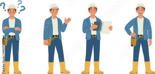 Flat vector illustration of construction worker character set showing different poses and emotions isolated on white background