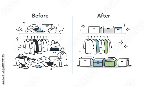 Closet decluttering concept. Custom storage bins helping transform a closet into an organized space, before-and-after implied through