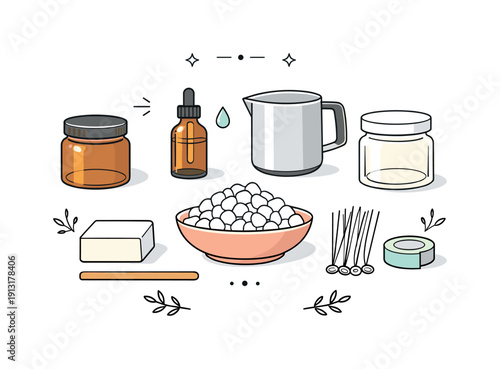 Minimal Candle Supplies. Minimal candle making supplies collection. Symmetrical layout of jars, wax, and wicks, focusing on form, balance, and modern handmade