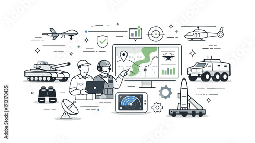 Military hardware technology. A neutral scene combining traditional equipment with digital interfaces and data screens. The mood highlights