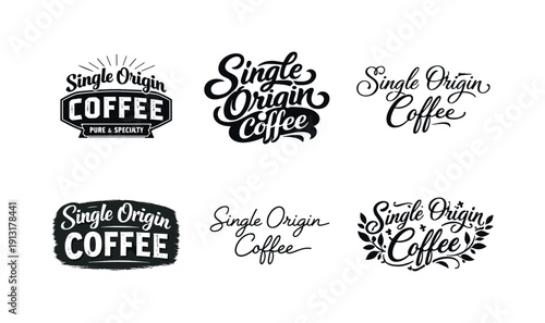 Single origin coffee lettering. Set lettering. harmonious lettering variations of the same emblematic concept, each with different artistic
