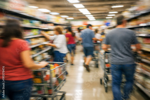 Customers shopping between the shelves in the aisle inside a supermarket. Motion blurred image.