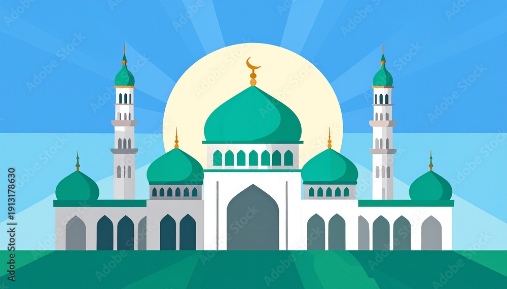 Fototapeta premium Islamic mosque with green domes and minarets under clear blue sky vector illustration
