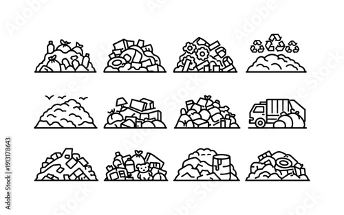 Waste Heap. Line icon set of Waste Heap: trash pile, garbage heap, scrap pile, recycling heap, waste stack, discarded items, landfill mound,