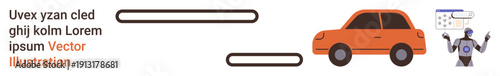 Automation, artificial intelligence, transportation systems, technology, robotics, innovation. Self-driving car next to a robot and interface. Automation and artificial intelligence