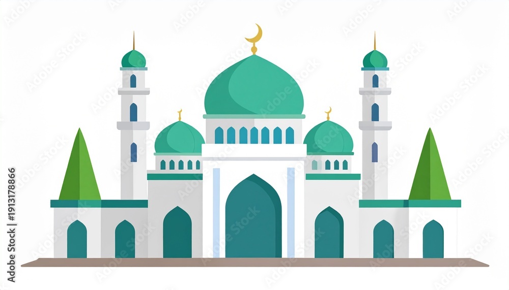 Fototapeta premium Illustration of white mosque with green domes and minarets vector design islamic architecture