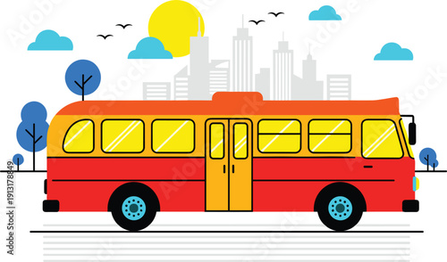 Flat vector illustration of a red and yellow public transport bus driving through a city landscape with skyscrapers trees and sun