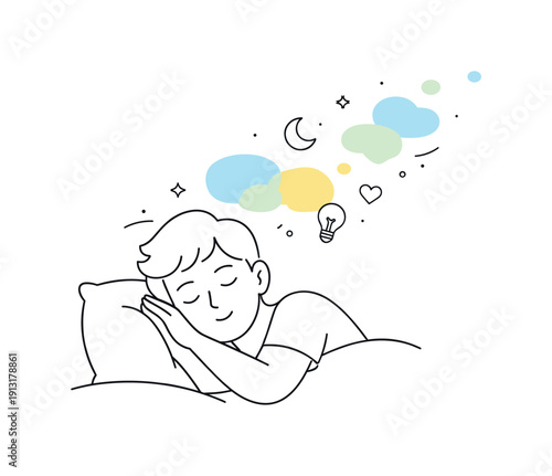 Falling asleep concept. A person with eyes closed as thoughts slowly fade, represented by soft abstract shapes drifting away. Gentle,