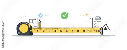 Construction planning. A measuring tape stretched across a simple surface, aligned and orderly. The illustration reflects planning, accuracy,