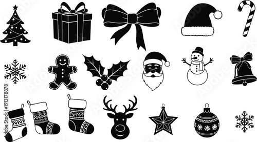 Black and White Christmas Icon Set Featuring Santa, Reindeer, Snowman, Tree, Gift, Stocking and Festive Holiday Silhouette Elements for Winter Design Projects