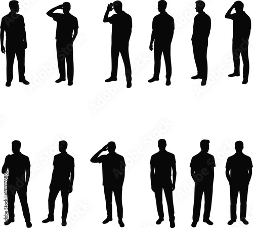 Male standing silhouette set isolated showing different poses human figure collection posture variation character illustration template design graphic resource