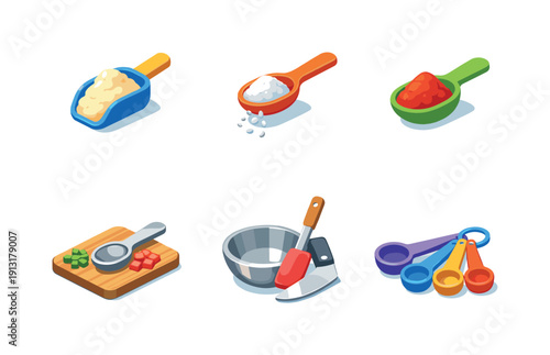 Recipe prep. Isometric flat vector icons set of recipe prep: ingredient scoop spoon, seasoning spoon, spice dose spoon, prep station spoon,