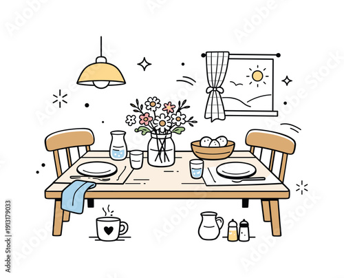 Rustic Dining Corner. Country dining corner. A wooden table set with simple plates, linen textiles, and fresh flowers. Calm shared moment, cozy rustic home