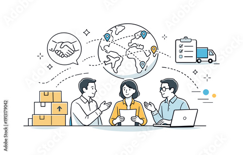 Cross-border business expansion. Team discussing global partnerships and logistics, calm coordination and trust. Handshake icons, boxes, and