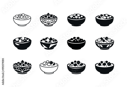 Smoothie bowl. Icon set. Set Logo of Smoothie bowl: granola and berries bowl. harmonious logo variations of the same emblematic concept, each