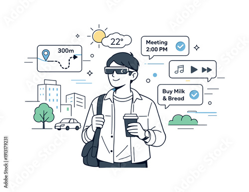 Smart glasses in daily life. Person walking through the city using smart glasses for information and reminders, calm modern lifestyle mood.
