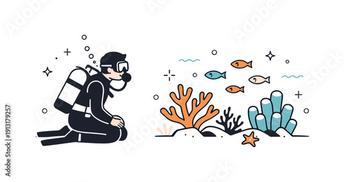 Human and ocean connection. A scuba diver observing coral and small fish at a safe distance, expressing curiosity, respect, and harmony with