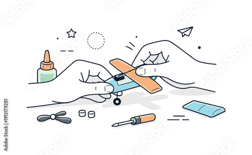 Building model airplanes. Hands gently fitting small airplane parts together, showing craftsmanship, care, and quiet satisfaction in a