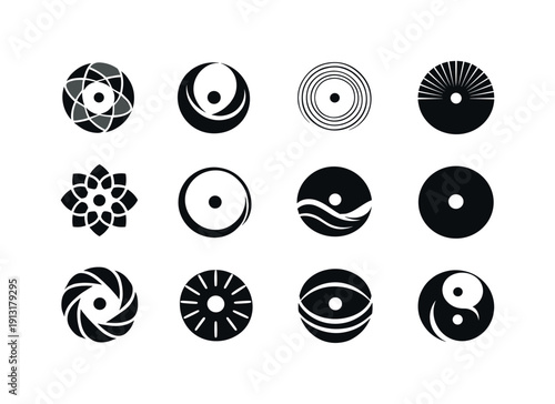 Inner peace. Icon set. Set Logo of inner peace: abstract aura circle with center point. harmonious logo variations of the same emblematic