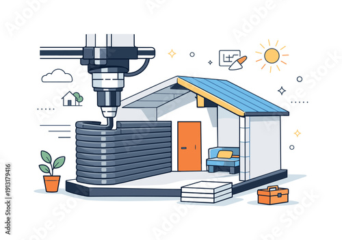 3D-printed housing solutions. A printer nozzle laying smooth layers to form a simple shelter wall, shown in a clean cutaway view. The mood