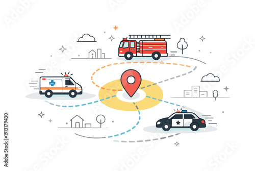 Unified emergency response. Aerial-style layout showing ambulance, fire truck, and police car moving in coordination toward a shared point.