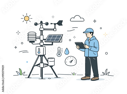 Weather monitoring stations. Technician checking a weather station using a tablet in a minimal field scene. Focused work, careful