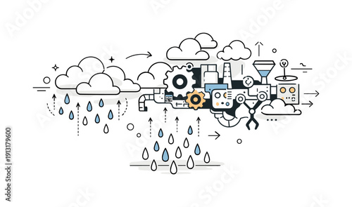 Surreal weather transformation. Clouds turning into abstract machinery and rain falling upward into the sky. The scene suggests disruption,