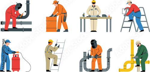 Flat vector illustration set of industrial workers performing welding, plumbing and maintenance tasks isolated on white background