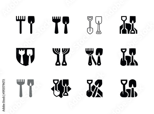 Rake and shovel. Icon set. Set Logo of rake and shovel: upright rake and shovel pair. harmonious logo variations of the same emblematic