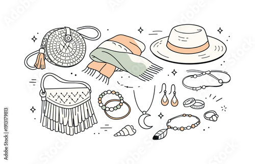 Boho accessories flat lay. Hats, bags, jewelry and fabric arranged casually. Creative mix, texture focus and natural materials. Minimalist