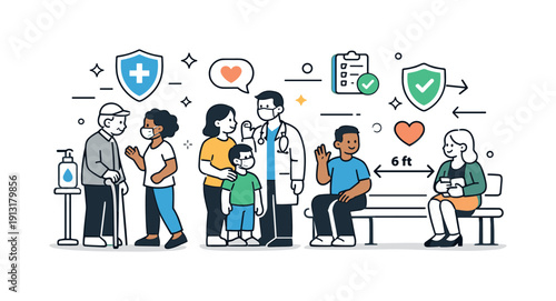 Community Health Unity. Community health safety. Diverse people interacting calmly in a public space supported by visible health measures. Reassuring